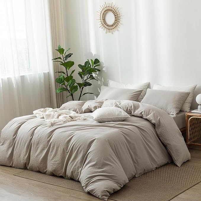 MooMee Bedding Duvet Cover Set 100% Washed Cotton Linen Like Textured Breathable Durable Soft Comfy (Heathered Cream Grey, King 104"x90")