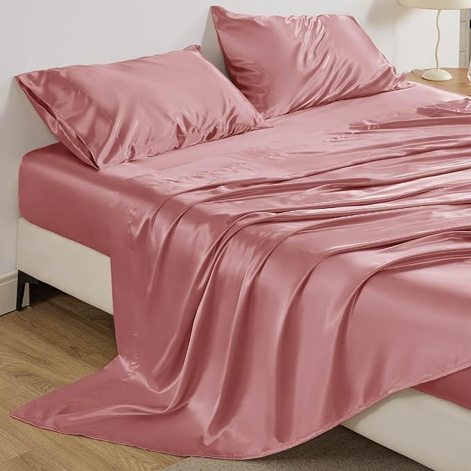 Bedsure Satin Sheets Full Size - 4 Piece Silky Bedsheets with 15 Inches Deep Pocket Fitted Bedsheet,1 Flat Sheet, 2 Satin Pillowcases, Good for Hair & Skin (Full, Coral)