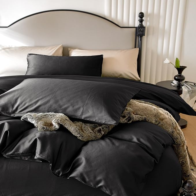 PURE ERA Duvet Cover Set 800 Thread Count Long Staple Cotton Sateen Soft Luxurious Smooth 3 Piece Set Black Full