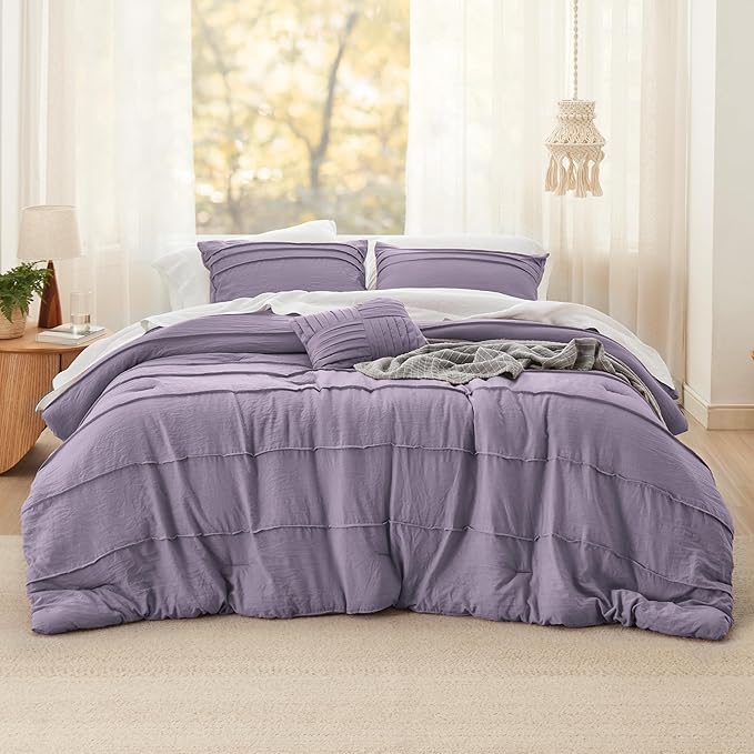 Bedsure Queen Comforter Set - 4 Pieces Pinch Pleat Bed Set, Purple Boho Bedding for All Season, 1 Soft Comforter, 2 Pillowcases, 1 Decorative Pillow