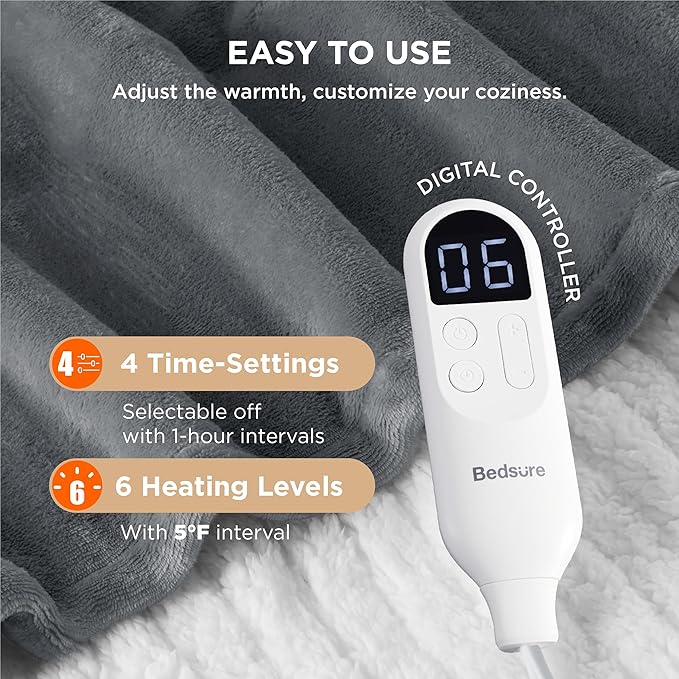 Bedsure Heated Blanket Throw Blanket - Fast Heating Electric Blanket, Soft Flannel Heated Throw with 4 Time Settings, 6 Heating Settings, Warm Gifts for Grandma & Grandpa & Seniors (50“x60”, Grey)