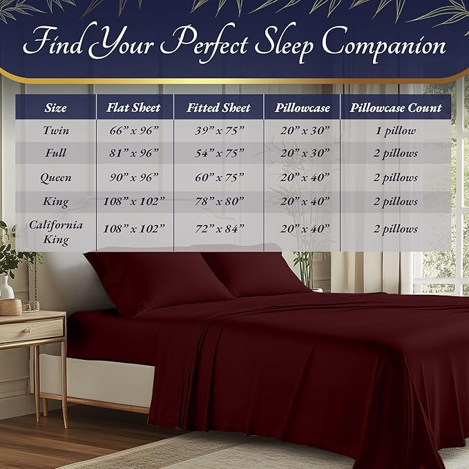DECOLURE 100% Viscose Derived from Bamboo Sheets Cal King Size 4pcs - Ultra Soft & Luxuriously Cooling, 17" Deep Pocket, Double Stitching, Perfect for Hot Sleepers - King Bed Sheets (Burgundy)