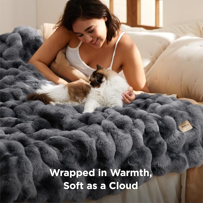 Bedsure GentleSoft Fluffy Faux Fur Throw Blanket, Fuzzy Soft Bubble Blanket for Couch, Faux Fur Decor for Home Bedroom Living Room, Thick Furry Cozy Gifts for Women, Tie-dye Grey, 50x60 Inch