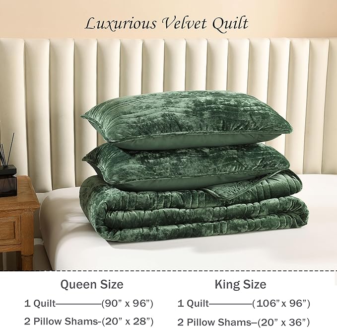 Velvet King Size Comforter Set, Luxurious King Quilt, Green Bedding Set, Soft Plush Bedspread, Lightweight for All Season,Emerald Green