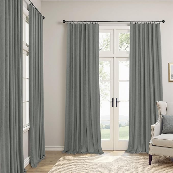 Thick Blackout Curtains for Living Room 2 Panels Set 90 Inches Long Faux Linen Grey Room Darkening Curtains for Bedroom Heavy Deadening Soundproof Drape for Window Doorway 90 Length Charcoal Dark Gray