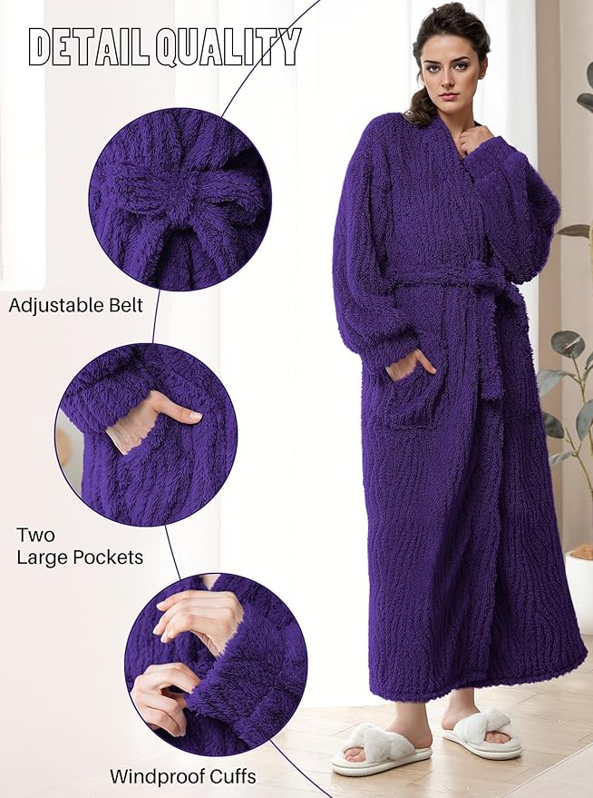 Artfasion Womens Long Fleece Robe - Warm Soft Floor Length Flannel Bathrobes for Winter Thicker Long House Coat with Pockets
