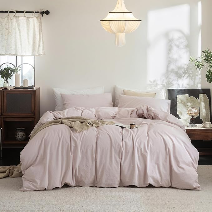 FOSSA Duvet Cover Set 100% Washed Cotton Linen Feel Super Soft Breathable Cozy 3 Pieces Bedding Sets Solid Greyish Pink King