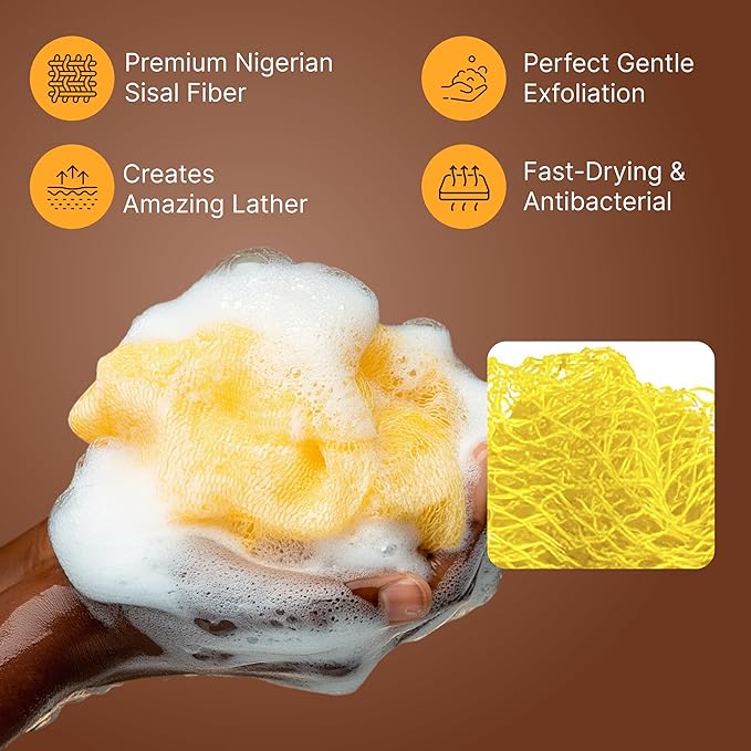 Nubiana African Net Sponge Authentic - 45 Inch Exfoliating Body Sponge from Nigeria - Natural Bath Sponge for Smooth Soft Skin - Long Lasting Quick-Drying - Single Pack (Yellow)