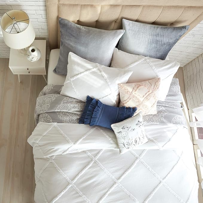 Chenille Lattice 100% Cotton Duvet Cover, King, White