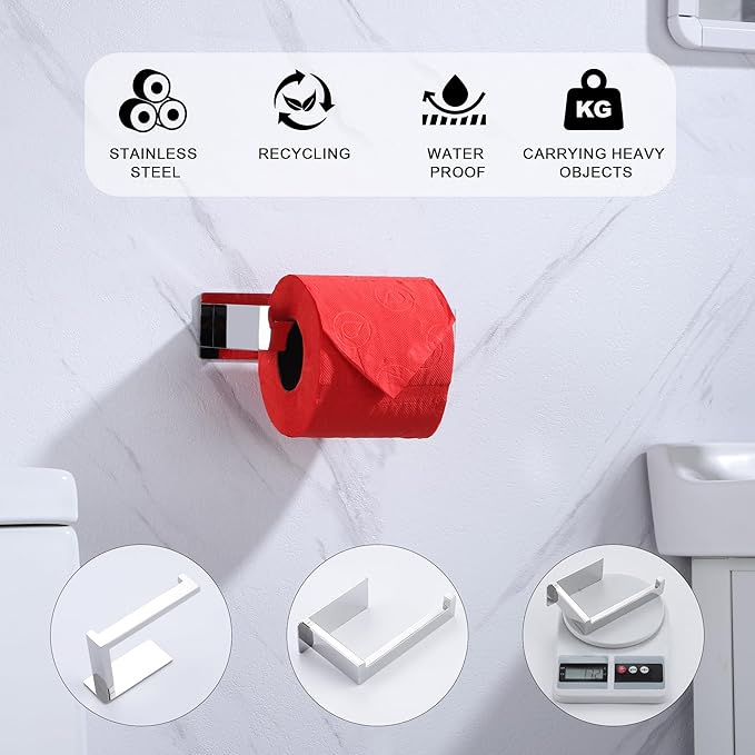 LANC Chrome Toilet Paper Roll Holder, Self-Adhesive Tissue Holder Wall Mounted for Bathroom Office Stick On Toilet Paper Holder with No Drilling Rustproof Stainless Steel Silver, A8307CP