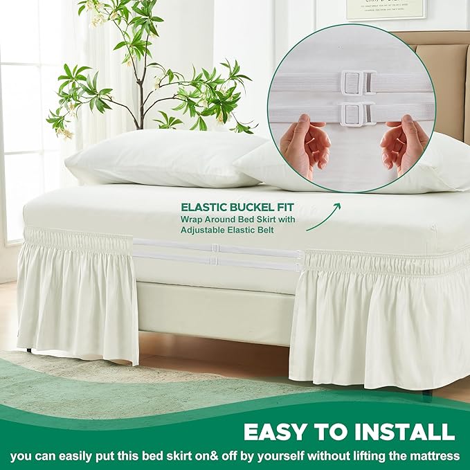 Biscaynebay Wrap Around Bed Skirts for Full & Full XL Beds 11" Short Drop, Ivory Adjustable Elastic Dust Ruffles Easy Fit Wrinkle Resistant Silky Luxurious Fabric Machine Washable