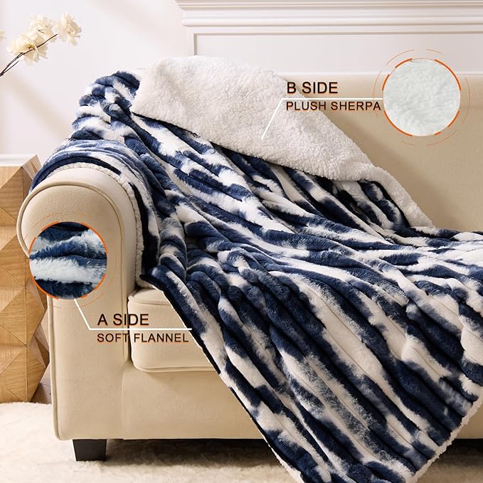 Heated Blanket Throw - 50"x60" Fast Heating Bed Electric Blankets Throw with 6 Heating Levels & 4 Hours Auto Off, Soft Ribbed Faux Fur Sherpa, Over-Heated Protection ETL, Navy Blue