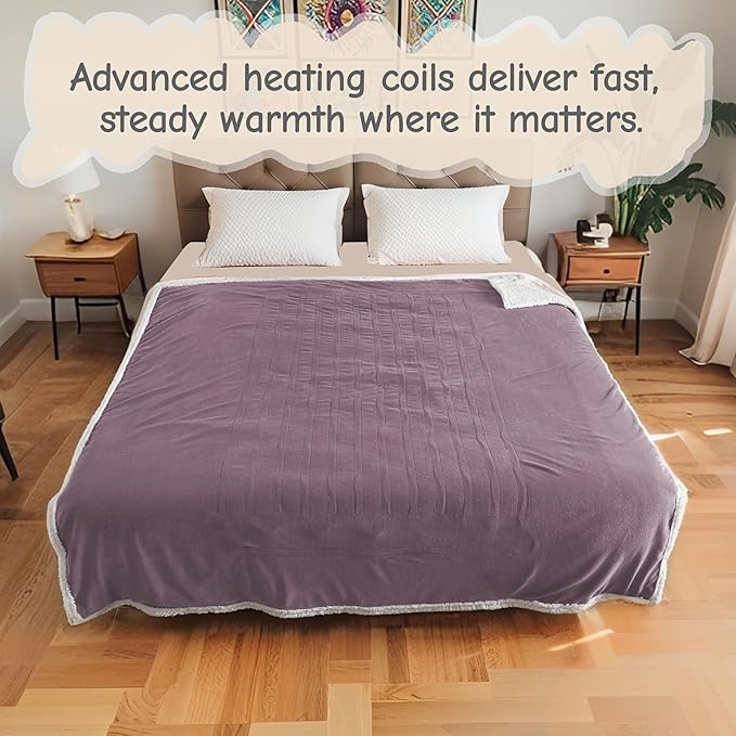 Electric Heated Blanket Twin Size 62"x84", Soft Flannel with Overheat Protection, 6 Adjustable Heat Settings & 10-Hour Auto-Off Timer, Fast Heating for Winter Comfort, Purple