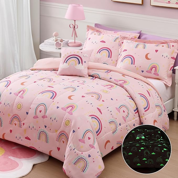 Glow in The Dark Twin Size Comforter Set for Girls, Pink Rainbow Bedding Set for Kids 1 Comforter, 1 Decor Pillow, 1 Pillow Sham