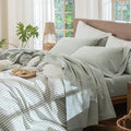 MooMee Bedding Sheet Set 100% Washed Cotton Linen Like Textured Breathable Durable Soft Comfy (Heathered Sage Green, King)
