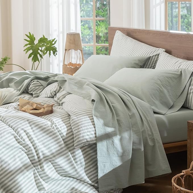 MooMee Bedding Sheet Set 100% Washed Cotton Linen Like Textured Breathable Durable Soft Comfy (Heathered Sage Green, Twin)