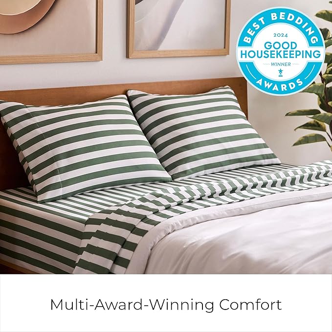 Mellanni California King Sheets Set - 4 PC Iconic Collection Bedding - Hotel Luxury, Extra Soft, Cooling Bed Sheets - Wrinkle, Fade, Stain Resistant (Cal King, Oxford Stripe Sage)