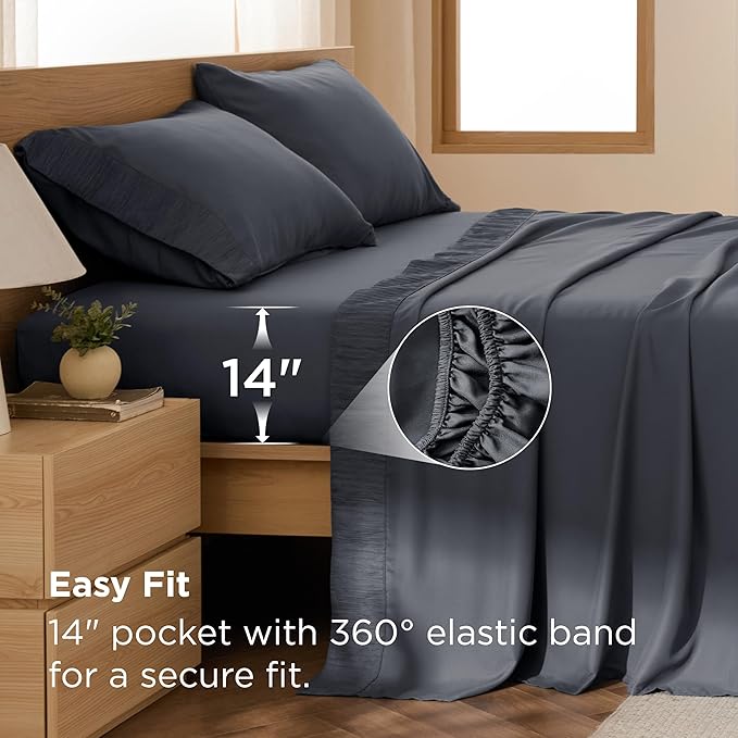 Bedsure California King Sheet Sets - 4 Pieces Soft Cal King Sheets - Breathable & Cooling - Hotel Luxury - Easy Care Polyester Microfiber Bedding for Women, Men, Dark Grey