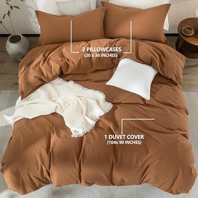 100% Washed Cotton Dark Orange Duvet Cover King Size Bedding Set Cover 1 Duvet Cover with Zipper Closure Plus 2 Pillowcases, 104inch x 90inch
