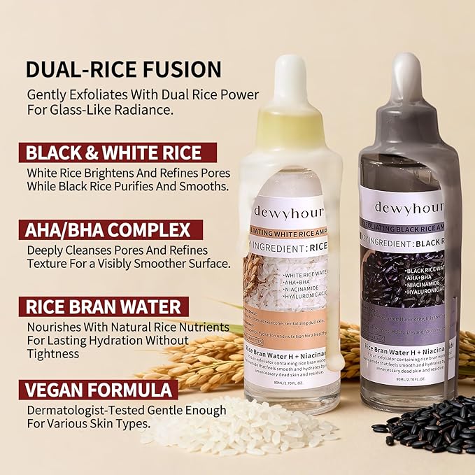 dewyhour Exfoliating Black & White Rice Ampoule Duo Set - Gently Removes Dead Skin Cells, Refines Pores, Soft Face & Body Scrub for All Skin Types, 2-Pack