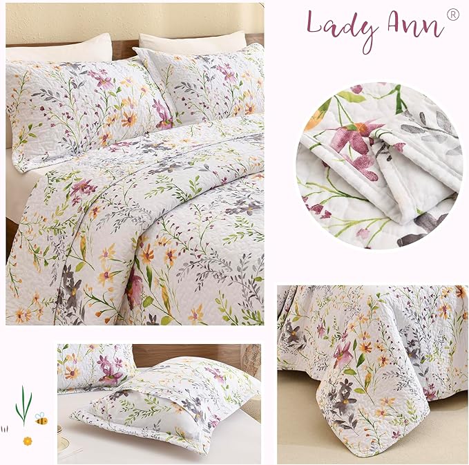 Lady Ann Wild Floral Printed Bed Quilt Sets Queen 100% Cotton Yellow Flower Botanical Pattern Bedding, Vintage Lightweight Coverlet Ultra Soft Bedspread Set with Pillow Shams for All Season, 3 PCS