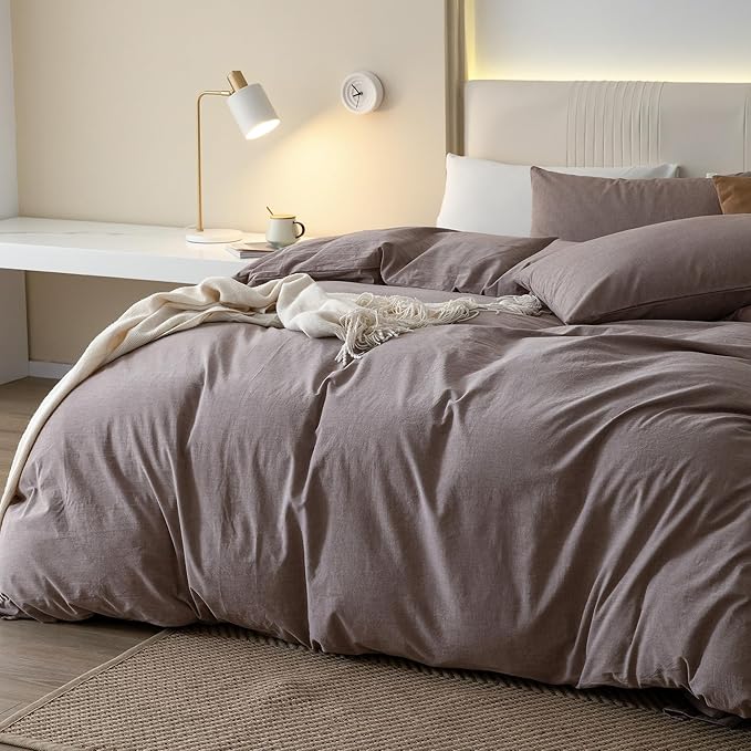 JIYUAN 100% Washed Cotton Duvet Cover Set 3 Pieces Super Queen, 1 Duvet Cover 90x98 Inches(Comforter Not Included) and 2 Pillowcases,Linen Feel Bedding Set Comfy and Breathable, Heathered Mauve Brown