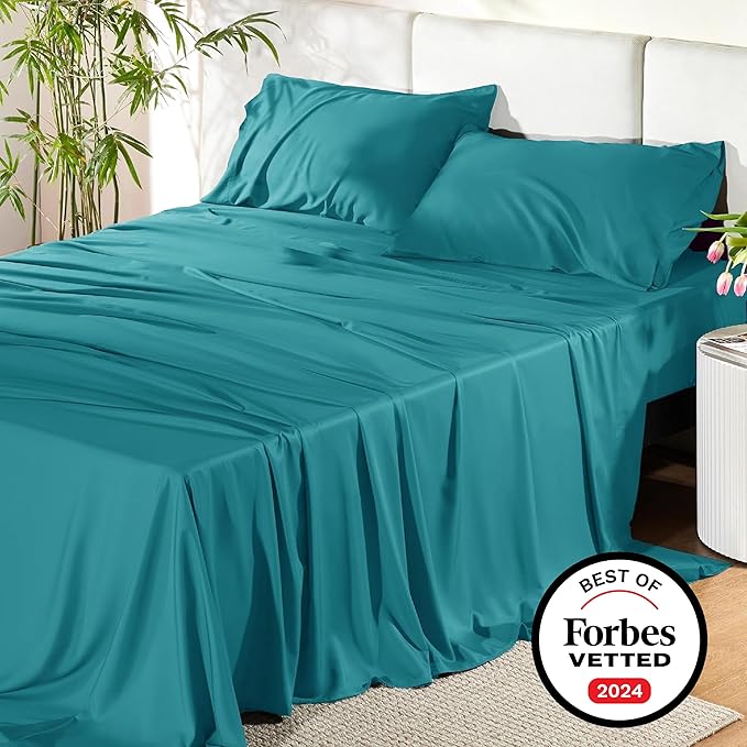 Bedsure California King Sheet Sets, Cooling Sheets, Rayon Derived from Bamboo, Breathable & Soft, Deep Pocket Up to 16 Inches, Hotel Luxury Silky Bedding for Hot Sleepers, Turquoise