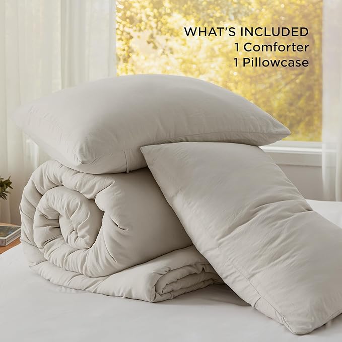 Bedsure Twin/Twin XL Comforter Set, Beige Soft Prewashed Bedding for All Seasons, 2 Pieces GentleSoft™ Warm Down Alternative Bed Set, 1 Lightweight Comforter (68"x88") and 1 Pillowcase (20"x26")