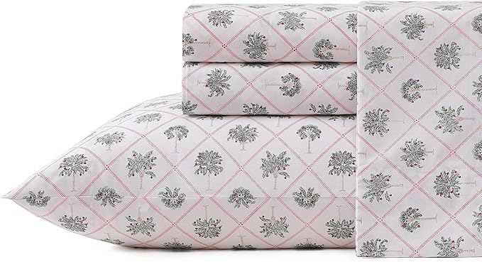 Tommy Bahama - Queen Size Sheet Set, Crisp & Cool Cotton Percale Bedding with a Smooth Lightweight Feel, 4 Piece Holiday Bed Sheets with Matching Pillowcases (Palm Tree Trellis Red)