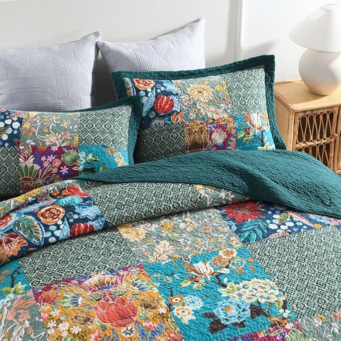 Autumn Dream Cotton Bedspread Quilt Sets Reversible Bedding Coverlet Sets Comforter, Vintage Floral Patchwork Turquoise Bedspread, King Size