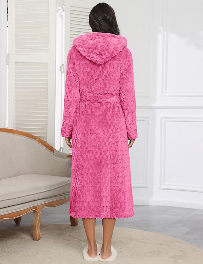 Ekouaer Womens Plush Robes Long Soft Jacquard Fluffy Bathrobe Hooded Robe Sleepwear with Pockets