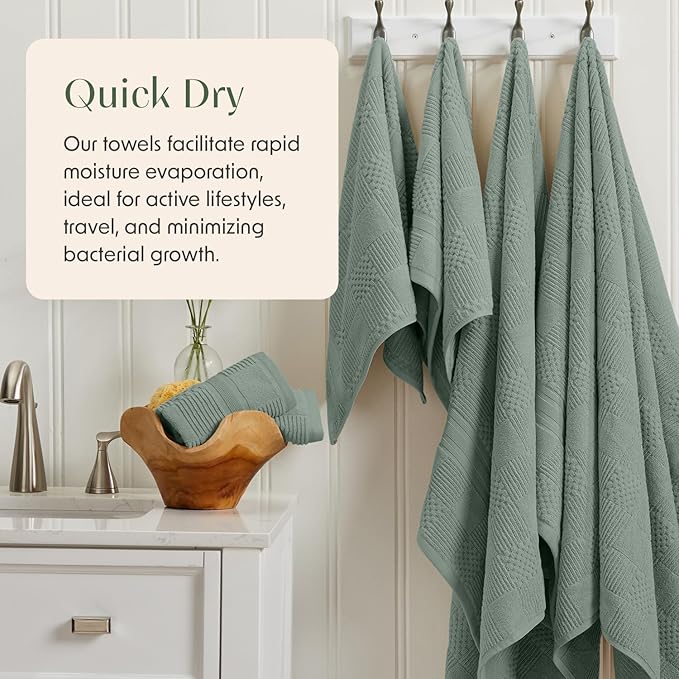 Springtree Home 100% Cotton Bath Towel Set of 4 | Green Bath Towels | Geometric Textured Design | Absorbent & Quick-Dry | 4 Bath Towels | Oeko-TEX® Standard 100 Cotton | Myla Collection - Lily Pad