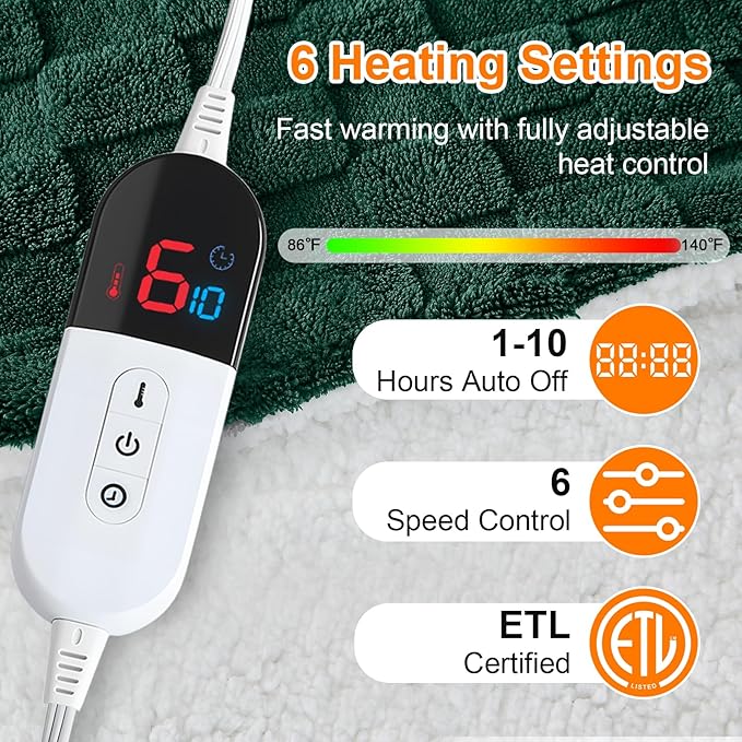 Electric Heated Blanket Twin Size - Jacquard Checkered Sherpa 62"x84" Fast Heating Bed Blankets with 6 Heating Levels & 10 Hours Auto Off, Over-Heat Protection ETL, Dark Green