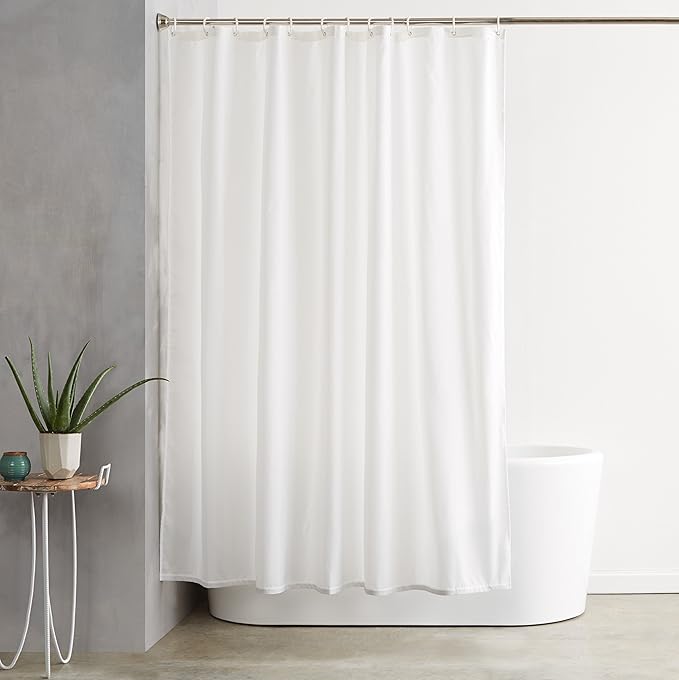 Amazon Basics Bathroom Shower Curtain, Water Resistant Fabric with Grommets & Hooks, Machine Washable, 72"x72", White