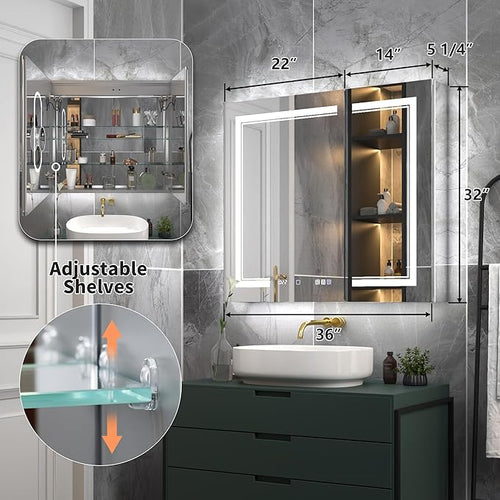 36"x32"Lighted Medicine Cabinet with Mirror，Recessed or Surface Mount LED Medicine Cabinet, Front&Backlit, Clock Temp Display, Anti-Fog, Stepless Dimming, 3-Color Temperatures, Adjustable Shelves