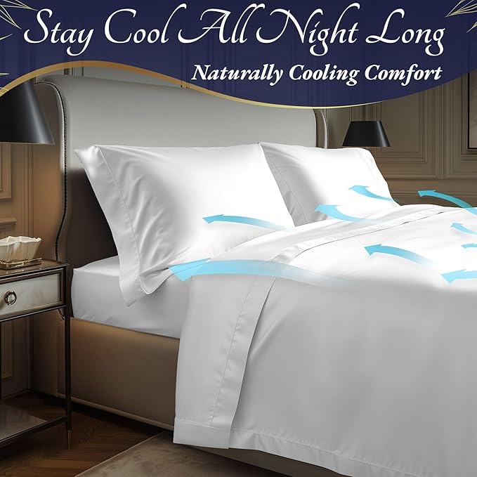 DECOLURE 100% Viscose Derived from Bamboo Sheets King Size 4pcs - Ultra Soft & Luxuriously Cooling, 17" Deep Pocket, Double Stitching, Perfect for Hot Sleepers - King Bed Sheets (White)