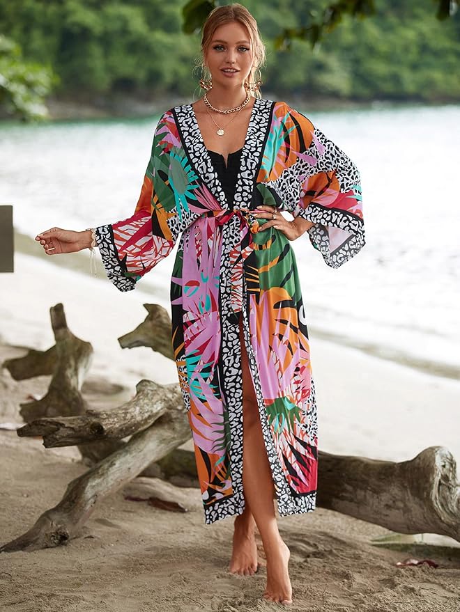 Women Casual Open Front Lightweight Cardigan Long Beach Kimono Cover Up