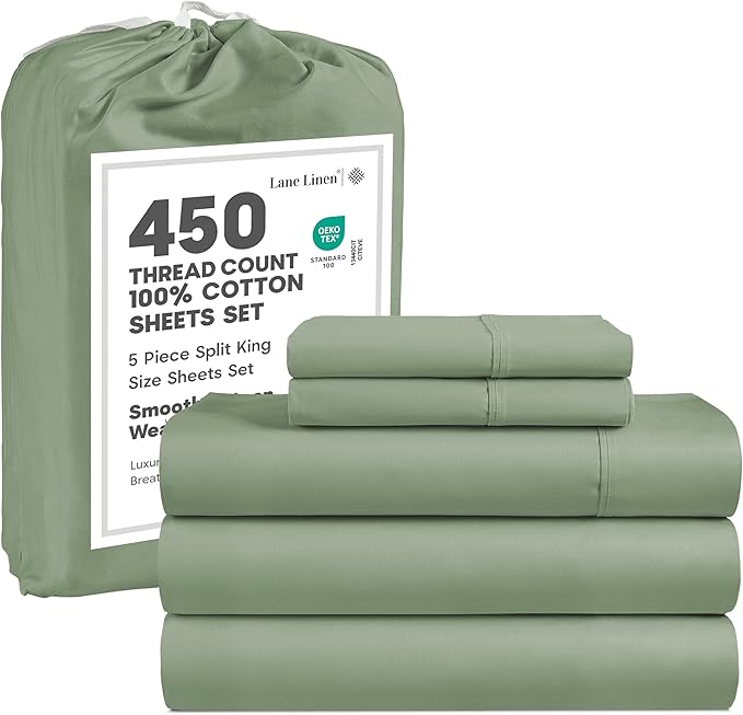 LANE LINEN Split King Sheets for Adjustable Bed 100% Cotton Sheets 450 Thread Count Sateen 5 Pc Split Sheet Set with 2 Twin-XL Fitted Sheets Deep Pocket, Cooling & Breathable- Iceberg Green