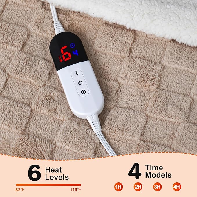 Electric Blanket Throw - Soft Checked Flannel with 6 Heating Levels, 4 Hours Auto-Off, Fast Heating, ETL & FCC Certified, 50"x60", Overheating Protection, Cozy Heated Blanket Throw（Khaki）