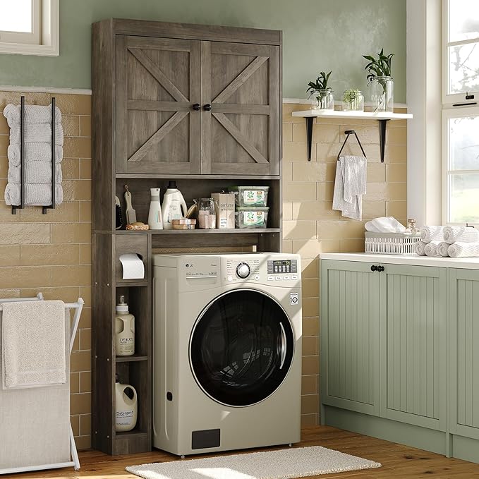 Furniouse Over The Toilet Storage Cabinet 32.3''W Wood Bathroom Storage Cabinet with Doors & Adjustable Shelves Free Standing Toilet Shelf, Gray