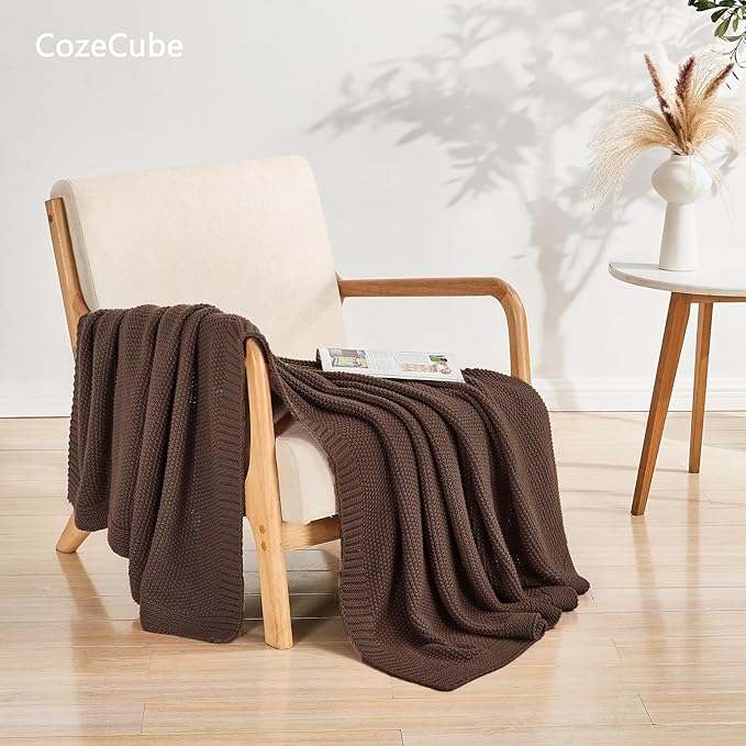 CozeCube Brown Throw Blanket for Couch, Soft Cozy Cable Knit Throw for Bed Sofa Living Room, Lightweight Warm Decorative Farmhouse Christmas Blanket, 60"x80", Dark Brown