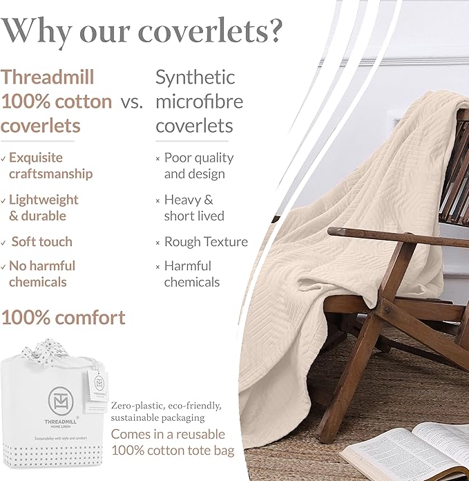 Threadmill Luxury Cotton Blankets for Twin Size Bed | All-Season 100% Cotton Twin Blanket for Bed | Aster Jacquard Lightweight, Soft & Cozy Coverlet, 350GSM, 68 x 90 inches | Vanilla Cream