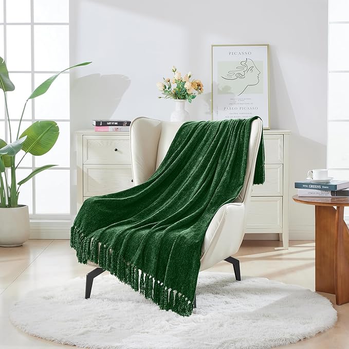 CozeCube Chenille Throw Blanket for Couch, Cozy Plush Fuzzy Decorative Christmas Green Blanket with Fringe Tassels, Lightweight Throws for Bed Sofa Gift Home Decor, 50"X60"