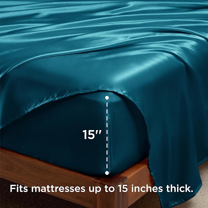 Bedsure Satin Sheets Full Size - 4 Piece Silky Bedsheets with 15 Inches Deep Pocket Fitted Bedsheet,1 Flat Sheet, 2 Satin Pillowcases, Good for Hair & Skin (Full, Teal)