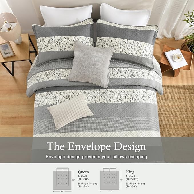 Stripe King Size Quilt - 100% Cotton Lightweight Quilt Bedding Set 3 Pieces, Vintage Vine Pattern Quilted Bedspread with 2 Pillow Shams, Farmhouse Printed Coverlet for All Season, Gray