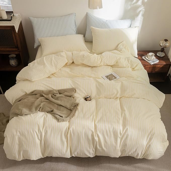 FOSSA Striped Duvet Cover Set 100% Washed Cotton Linen Feel Super Soft Breathable Cozy 3 Pieces Bedding Sets Pastel Yellow Classic Stripes King