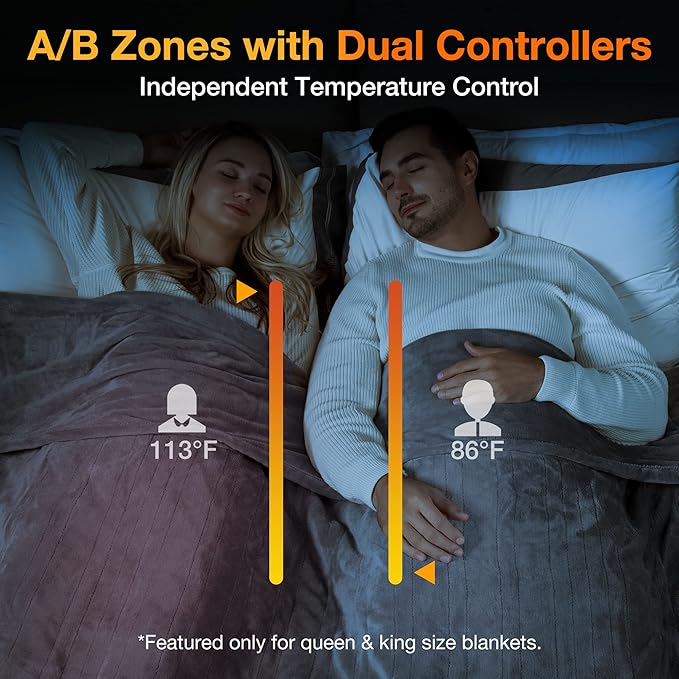 WOOMER Heated Blanket Queen Size,Durable Flannel and Soft Sherpa,Dual Control,84” × 90” Electric Blanket, 10 Heat Levels&0.5-12h auto-Off, Overheat Protection,Energy Efficient
