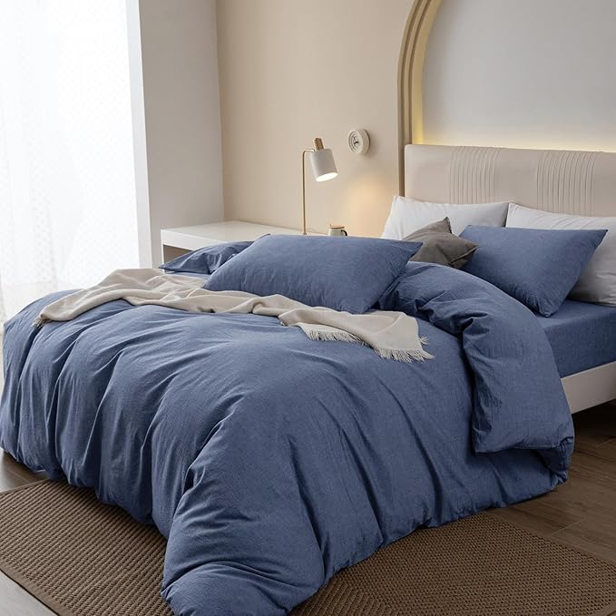 JIYUAN 100% Washed Cotton Duvet Cover Set 3 Pieces Full, 1 Duvet Cover 80x90 Inches(Comforter Not Included) and 2 Pillowcases,Linen Like Comfy and Breathable,Heathered Blue