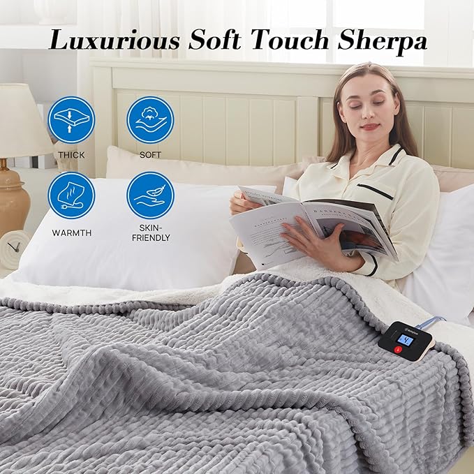 Westinghouse Electric Blanket Twin, Soft Ribbed Flannel to Sherpa Heated Blanket with 10 Heating Levels & 1-12 Hours Auto Shut Off, Fast Heating & Machine Washable, 62x84 Inch, Light Grey