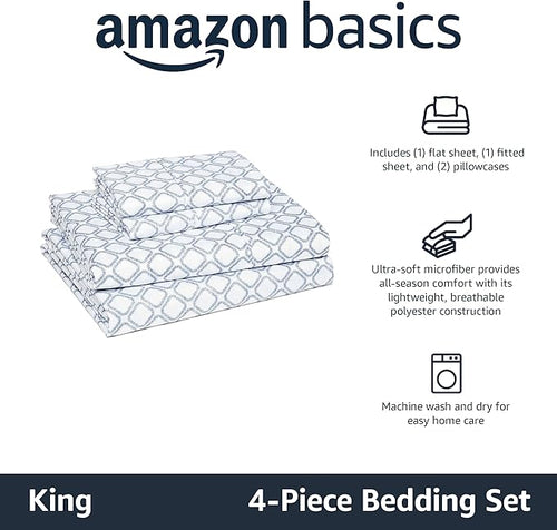 Amazon Basics Lightweight Microfiber 4-Piece Bed Sheet Set, Aqua, Printed, King